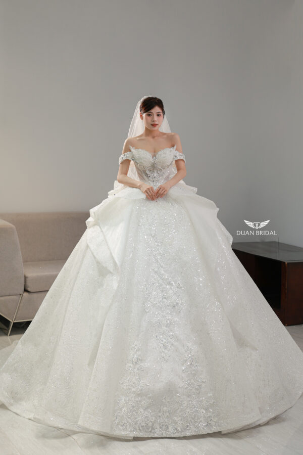 Aeria - Off-shoulder rhinestone ball gown wedding dress