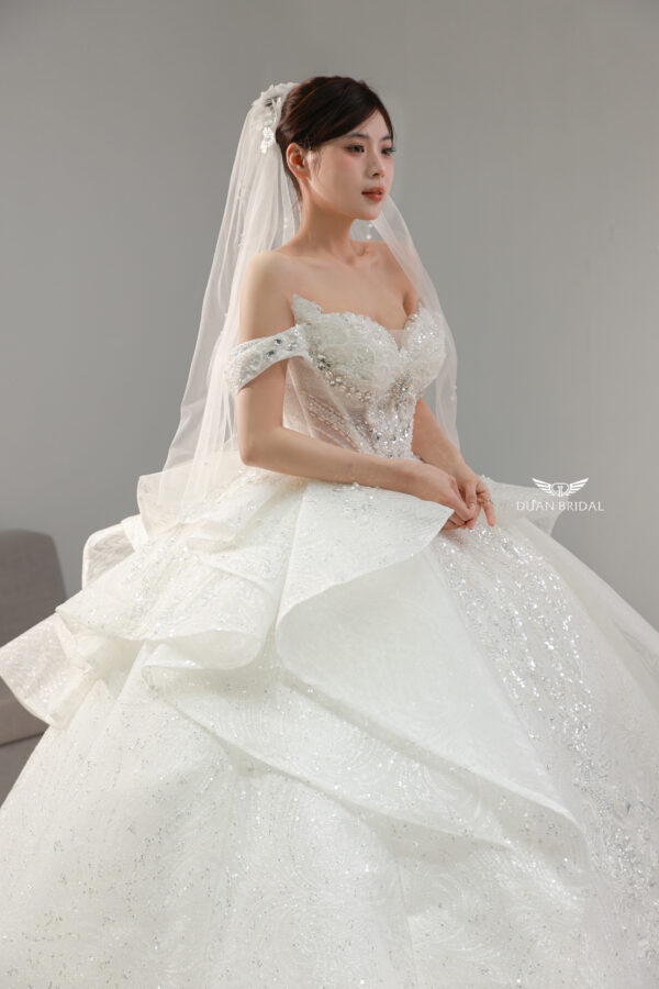 Off-shoulder rhinestone ball gown wedding dress