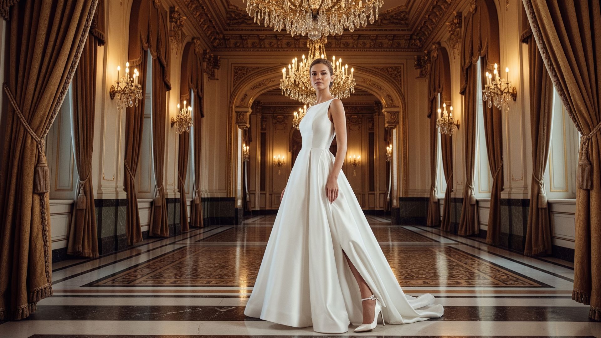 A bride's classic heels taking the first step down the aisle, an emotional moment when you buy bridal shoes America.