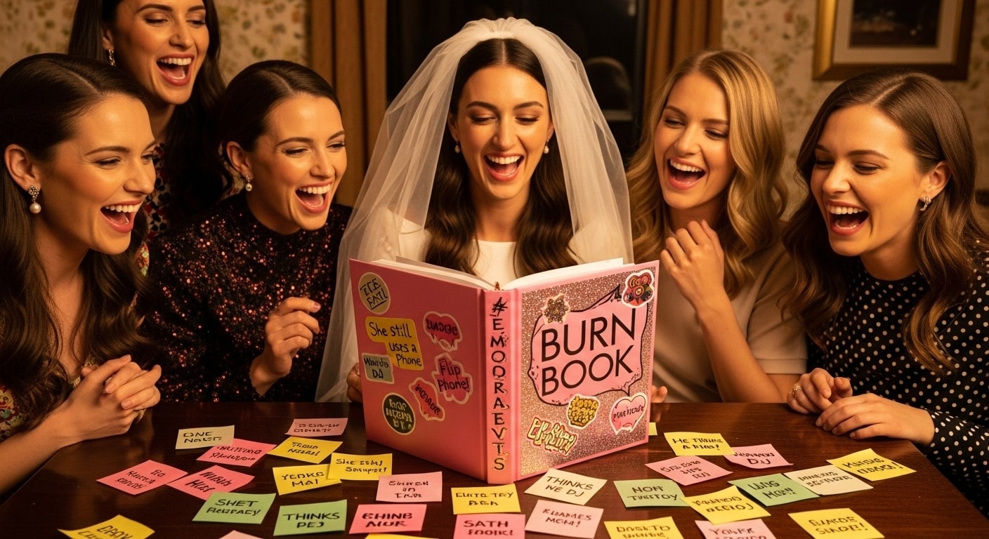 Women holding bingo cards and laughing during a bridal bingo game at a bachelorette party.