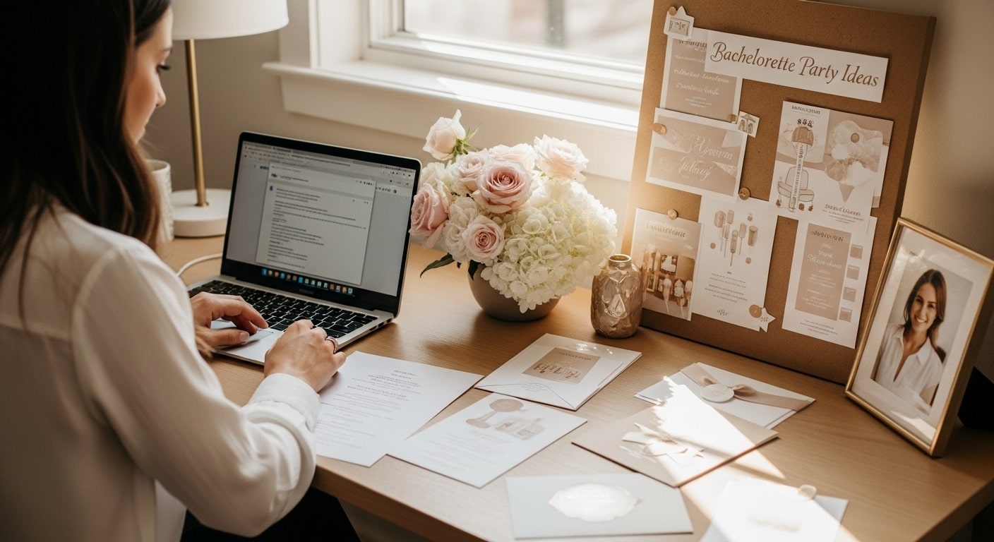 Bride planning her dream bachelorette party with moodboard, flowers, and laptop on table. Warm beige and pink tones.