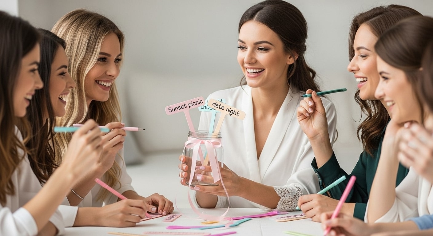 Bride holding a decorated jar while friends write romantic date night ideas at a bachelorette party.