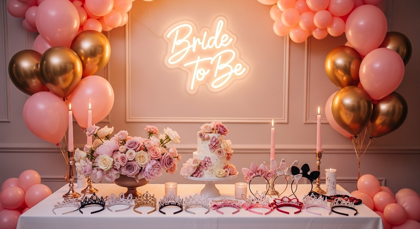 Modern bachelorette party setup with pink and gold balloons, neon “Bride to Be” sign, and elegant table décor.