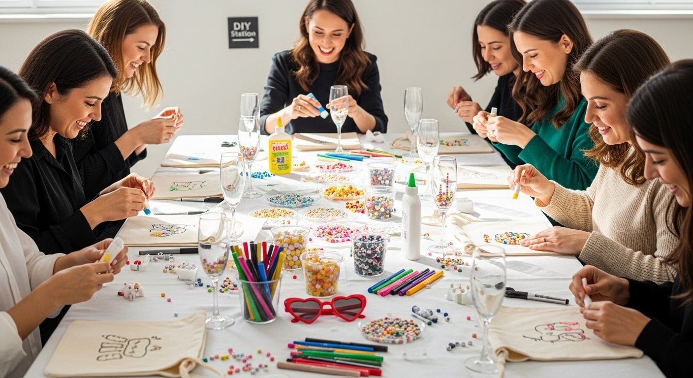 Women decorating sunglasses and tote bags together at a creative DIY station during a bachelorette party.