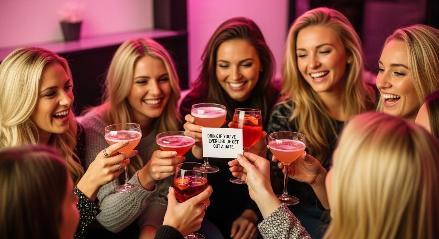 Group of women laughing and raising glasses while playing the “Drink If” game at a bachelorette party.