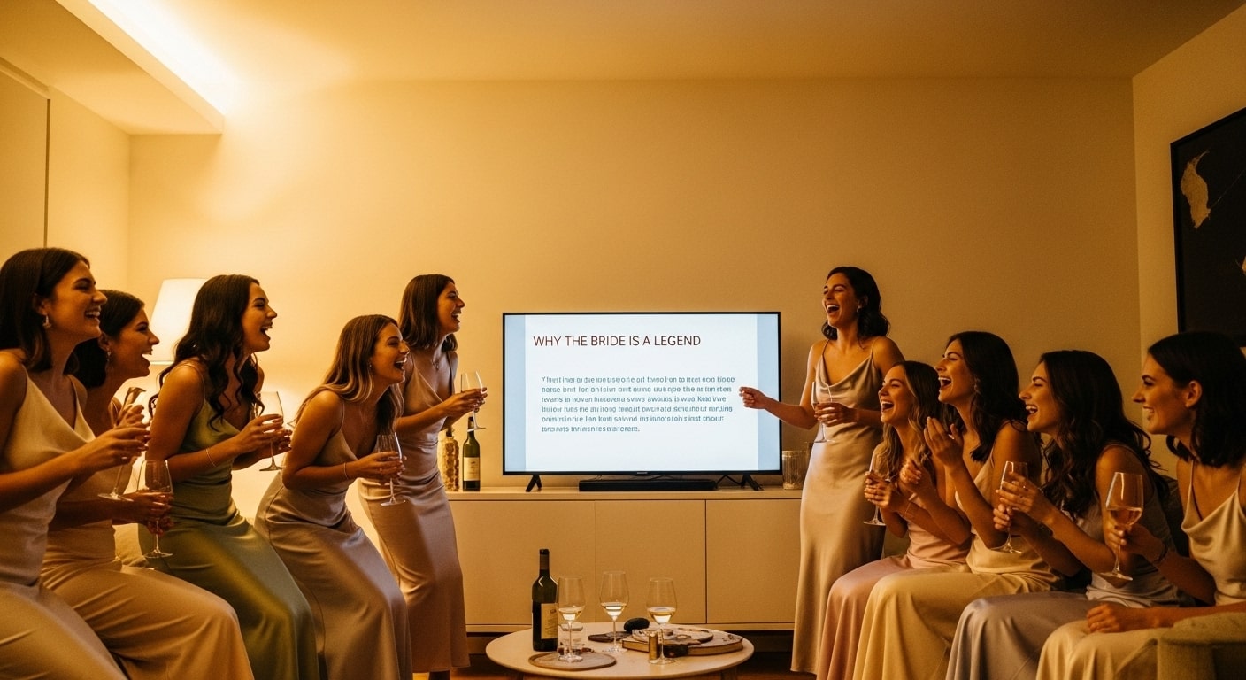 Bride laughing while friends guess her love story during a bachelorette party game.