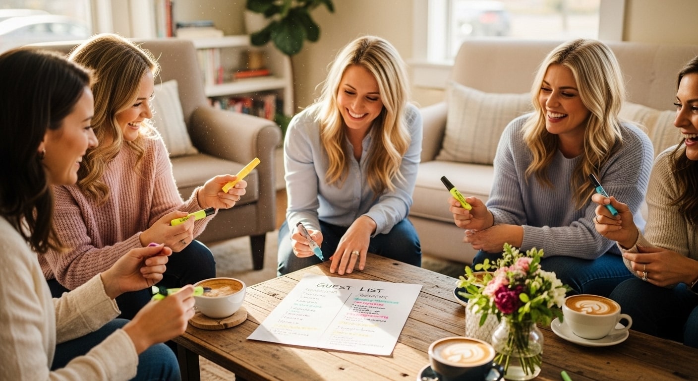 Group of women discussing bachelorette party guest list at café, laughing and highlighting names together.