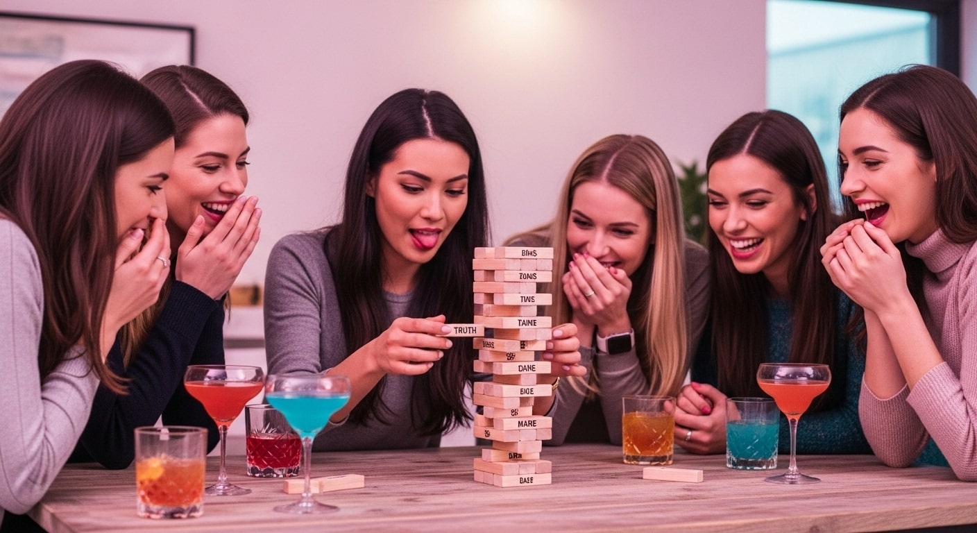 Group of girls drawing wedding-themed clues on a whiteboard and laughing together.